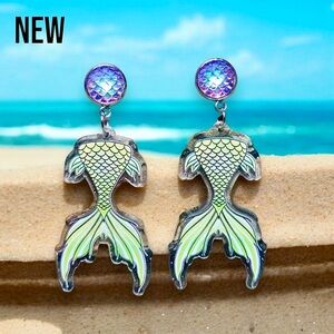 New Relief Double-sided Sparkling Multi-color Mermaid Fishtail Acrylic Earrings